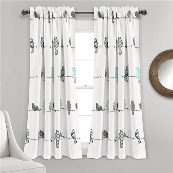 Rowley Birds Light Filtering Window Curtain Panels,Pair,52" W x63" L,Blue & Gray - Picture 1 of 7